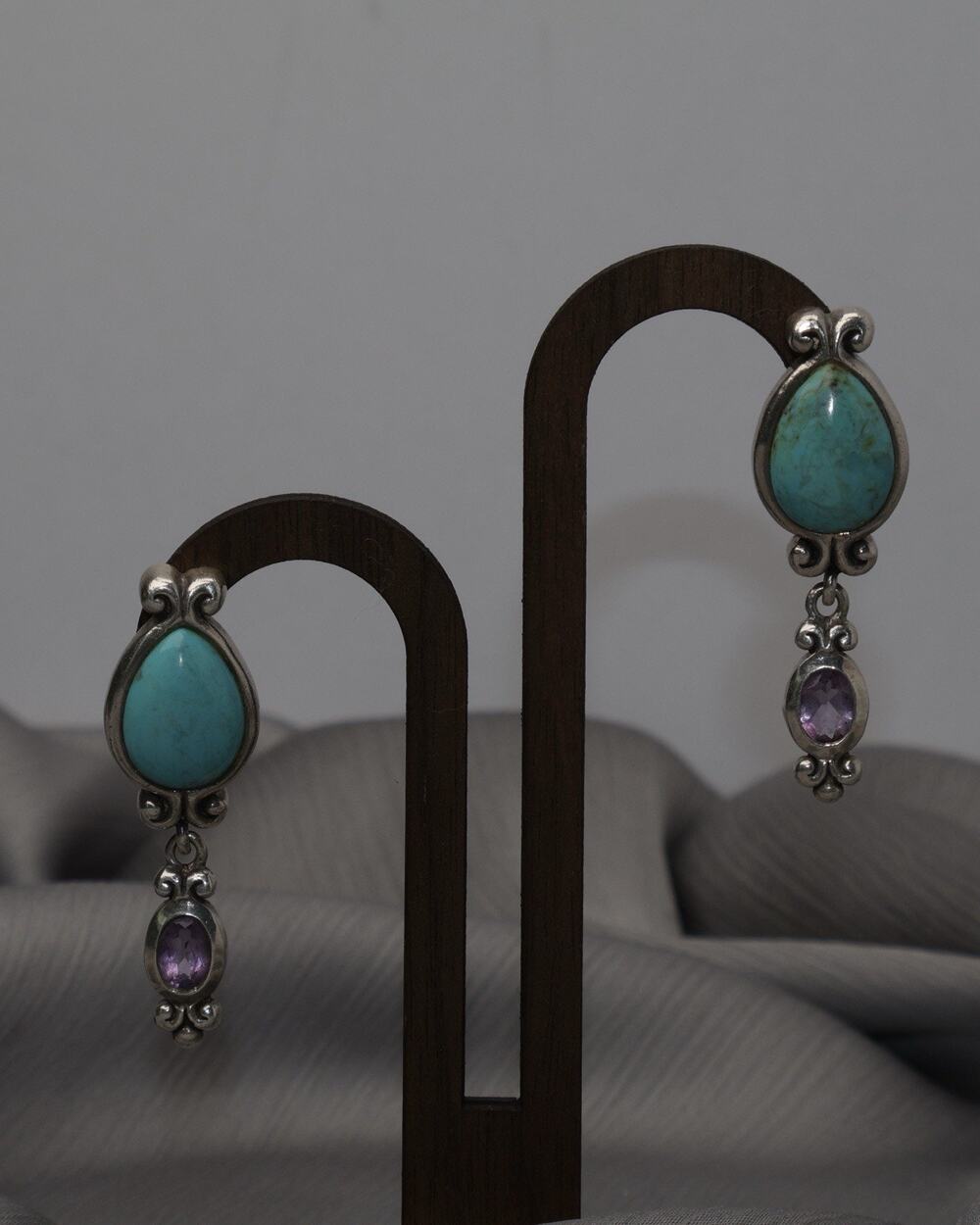 Vintage Barse Sterling Turquoise & Amethyst Clip On Drop Earrings 17.6G /1.8in